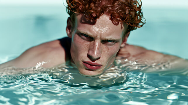 Man with curly red hair and freckled skin floating in turquoise pool water, healthy natural complexion, refreshing summer swim, aquatic beauty, calm gaze, luxury skincare campaign aesthetic.