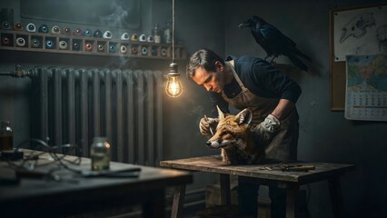 Naklejka premium Skilled Craftsman Working on Taxidermy in Cozy Workshop Setting
