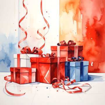 Watercolor Painting of Assorted Gift Boxes with Ribbons.