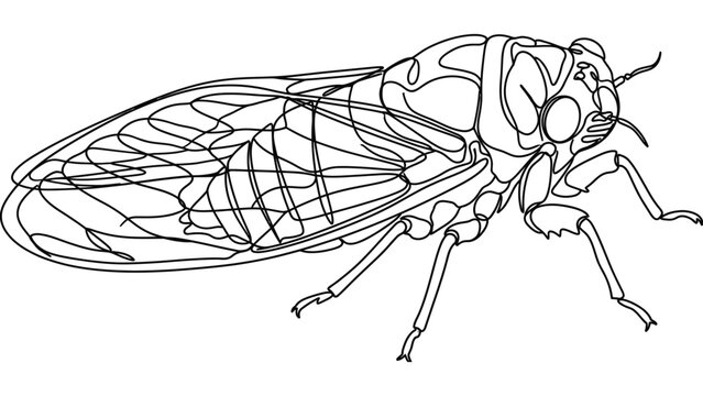 Black and white line art illustration of a cicada insect.