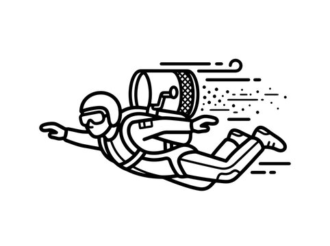 A skydiver freefalls while wearing a helmet and goggles with a backpack attached