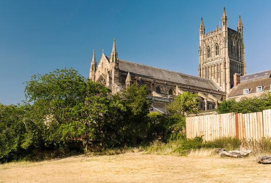 Land,parched by a long summer heatwave,surrounding Worcester Cathedral,England,UK.