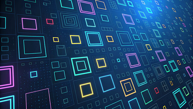 Abstract digital background with glowing neon squares and futuristic data network patterns.