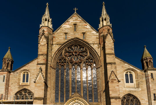 The rear exterior of Worcester Cathedral,reflecting the sun,on a hot summer afternoon,England,UK.