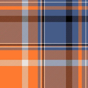 Hipster background texture fabric, sparse seamless vector pattern. Graceful check tartan plaid textile in blue and orange peel colors.