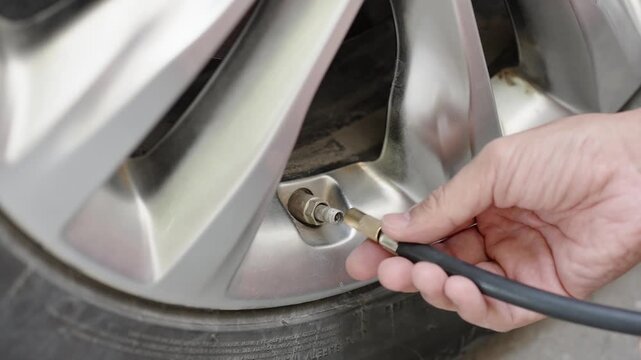 Detailed close-up of a driver attaching an air hose to a car tire valve on an alloy wheel, showing routine tire pressure maintenance, vehicle care and road safety.