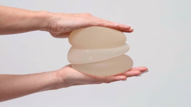 Stacked silicone breast implants shown in hands, plastic surgery comparison, medical consultation, healthcare advertising, patient education.