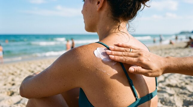 Applying sunscreen to shoulder at the beach for sun protection