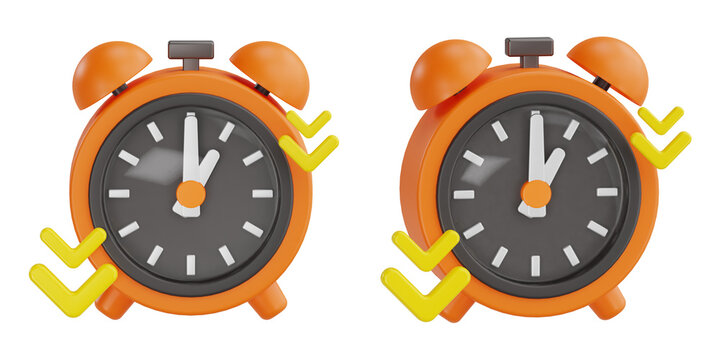 3d render orange alarm clock with down arrows for time reduction and delay