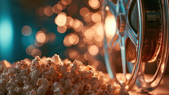 Close-up of movie reel and popcorn with bokeh lights, cinematic atmosphere