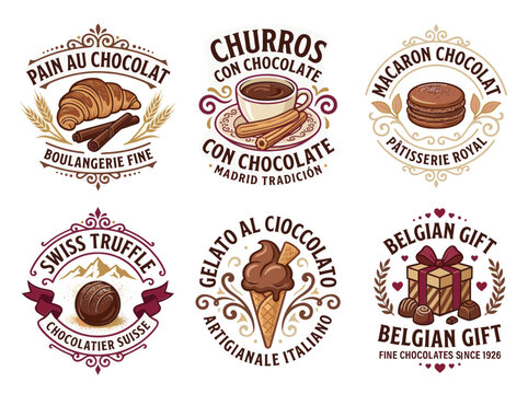 Set of vintage vector logos and badges for bakery, chocolate shop, pastry, and sweets.