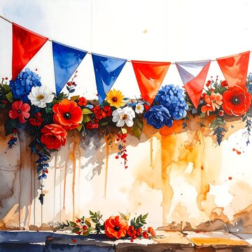 Watercolor Painting of Festive Floral Garland and Bunting Flags.