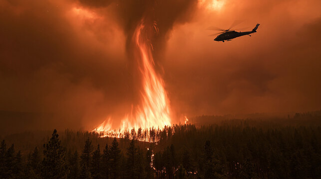 Dramatic fire tornado swirling in burning forest wildfire with rescue helicopter flying near flame.