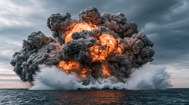 Dramatic ocean explosion with massive fire blast and heavy smoke rising above water.