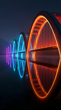 Futuristic bridge with colorful neon arches reflecting on the water's surface.