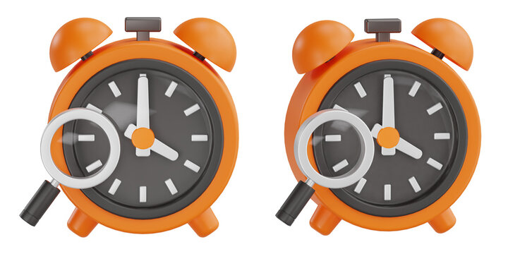 3d render orange alarm clock with magnifying glass for search time tracking