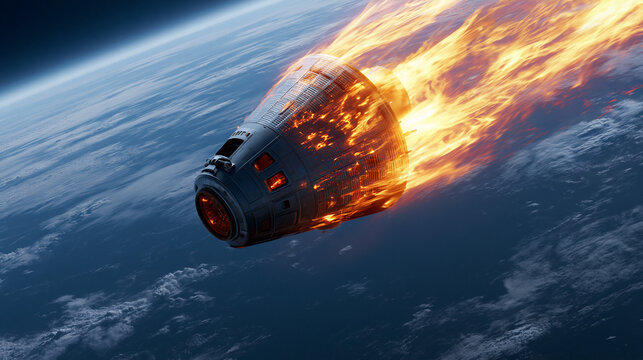 Space capsule reentry burning through earth atmosphere with intense fiery trail in orbit.
