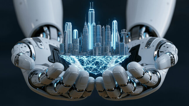 White robotic hands holding glowing hologram of futuristic digital city and smart grid.