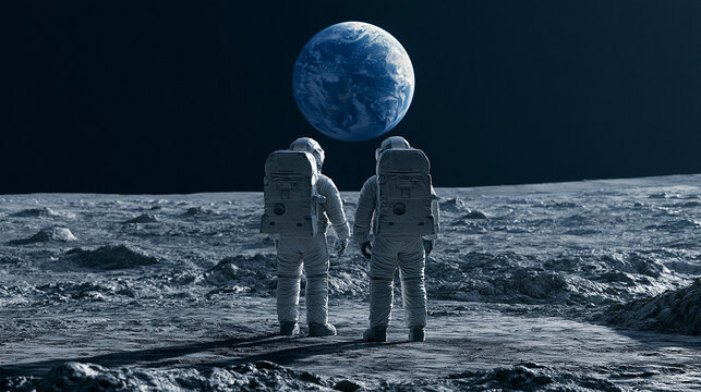 Two astronauts standing on lunar surface looking at earth in dark starry space sky.