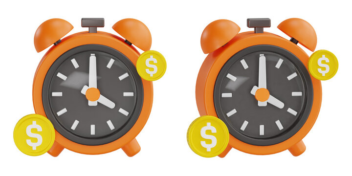 3d render orange alarm clock with golden dollar coins for time is money concept