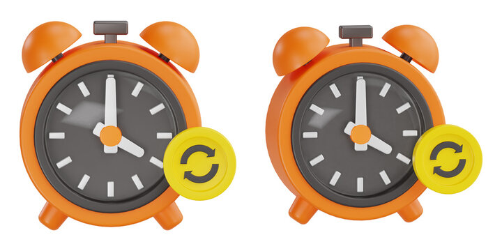 3d render orange alarm clock with refresh recycle reload circular arrows