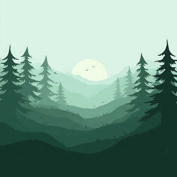 Pixel art forest landscape with sunset and pine trees