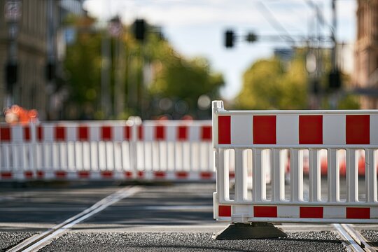 Red and white barricades block a street with tram tracks