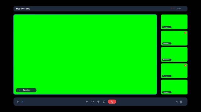 Video conference interface layout with green screen windows sliding from right for digital meeting webinar mockup