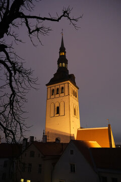 Low angle view of illuminated St. Nicholas Church tower with bare tree at night in Tallinn, Estonia