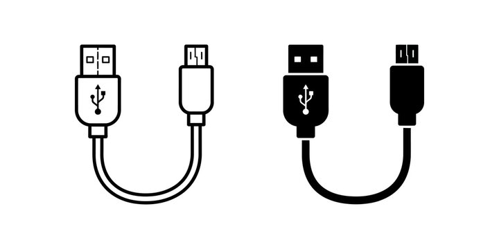 Usb cable flat icon set black linear style data transfer power charging.