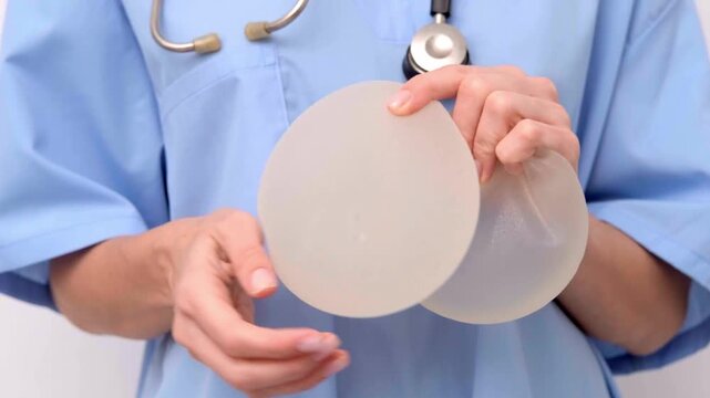 A medical specialist demonstrating breast implants in a clinic, healthcare consultation, plastic surgery marketing, patient education.