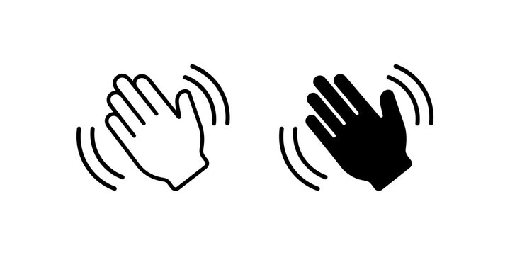 Black waving hand line and solid icons show hello gesture on grey.