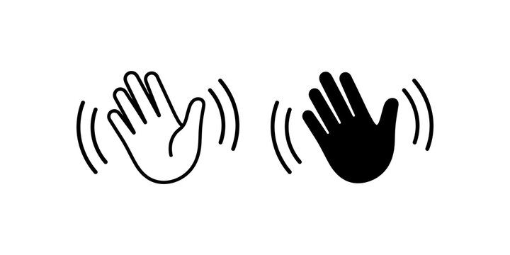 Waving hand gesture outline and solid black icon for welcome message.