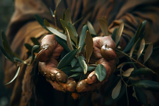 A photorealistic depiction of Jesus' hands tenderly grasping olive branches, the palms rough and worn with visible veins.
