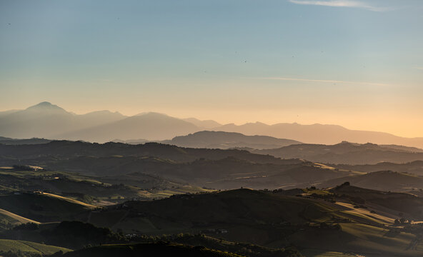 Marche, spectacular view and sunset on the Marche hills from the Ripatransone viewpoint. 2026