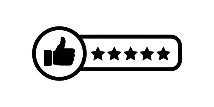 Five star rating bar with thumbs up black icon for feedback review.