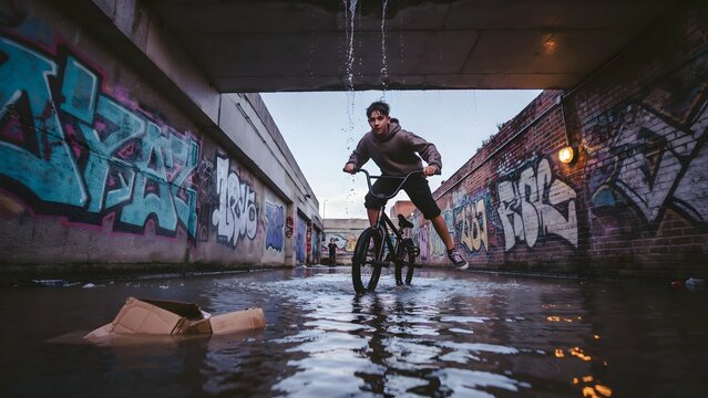 Young Man Riding Bicycle Through Urban Canal with Street Art Surrounding