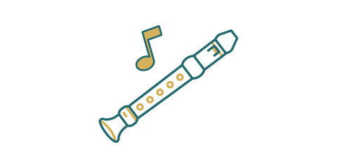 Stylized recorder flute with music note in teal and gold line style. ©  图像