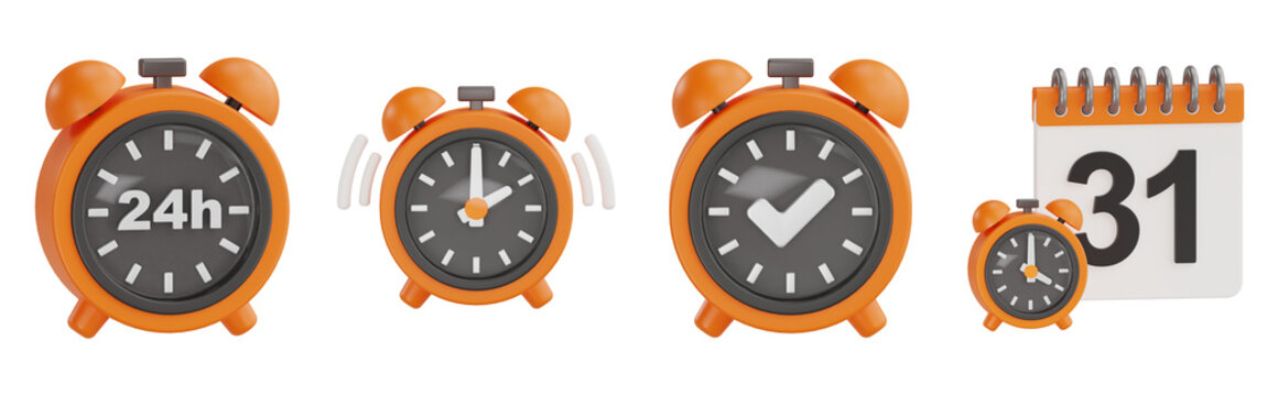 3D Alarm Clock Set with 24 Hours Sign, Check Mark, Ringing Bell and Calendar Deadline