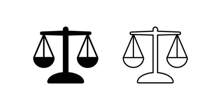 Scales of justice symbol set in black solid and outline vector styles.