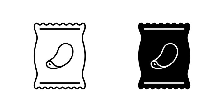 Potato chips snack bag icons featuring outline and solid fill styles.