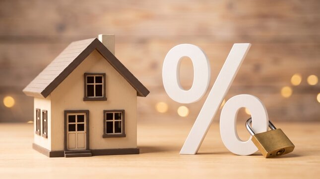 Housing finance concept Miniature house with a percentage symbol locked by a padlock, representing mortgage rates, secure property investment, and home loan stability