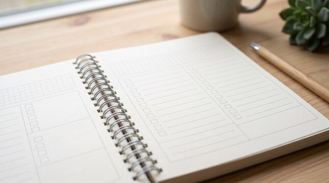 Open planner with checklist and pen on a wooden desk, ready for tasks