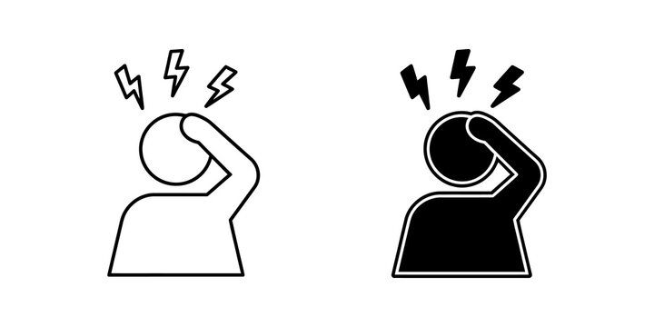 Headache icon set showing human silhouette with thunderbolt symbols sign.