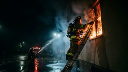 Fototapeta premium Firefighter Climbing Ladder to Extinguish Blaze at Night Scene