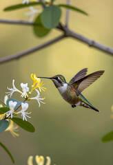 Naklejka premium Pollination and biodiversity, hummingbird feeding on honeysuckle flower, nature and wildlife conservation