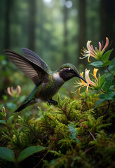 Fototapeta premium Pollination and biodiversity in nature, hummingbird feeding on honeysuckle flower in a lush green forest environment