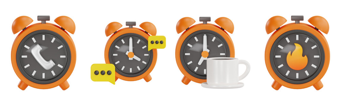 3D Alarm Clock Set with Phone Call Icon, Chat Bubble, Coffee Cup Break and Flame Urgent Concept