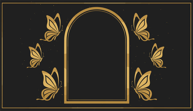 Elegant black invitation background featuring a central golden arch frame surrounded by graceful butterflies.