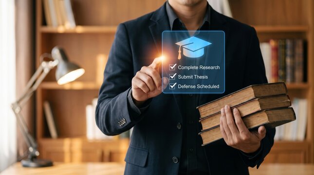 Professional leveraging a futuristic holographic interface to manage academic research and thesis progress, symbolizing modern digital education and scholarly achievement